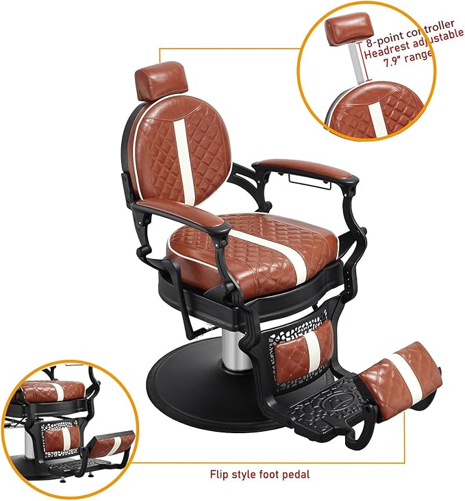 Kaleurrier Reclining Hair Salon Chair - Vintage Barber Chairs Height Adjustable for Stylist Barber Shop Home Haircut Tattoo Massage - Brown and White Quilted Leather