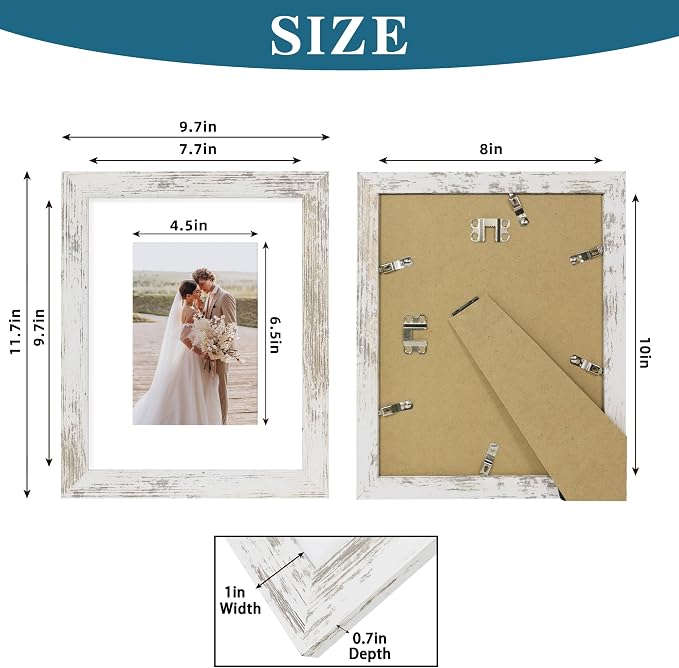 Hongkee 8x10 Picture Frame Set of 4, Made of Real Glass and Distressed White Wooden Frame, 8 by 10 Photo for Wall or Tabletop - Display Picture 5x7 with Mat or 8x10 Without Mat (Pack of 2)