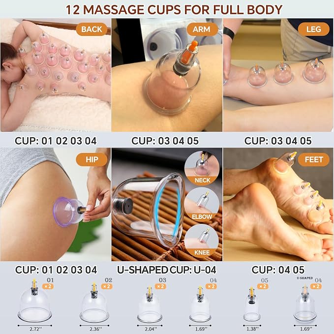 Cupping Kit for Massage Therapy Set with Pump 12 Massage Cups for Cellulite Reduction Muscle Back Pain Relief Physical Therapy