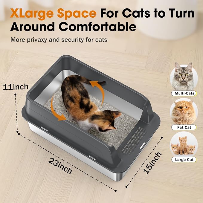 2PACK Stainless Steel Litter Box, Extra Large Litter Boxes for Big Cats, XL Metal Cat Litter Box with Lid High Sides, Anti-Urine Leakage, Non-Sticky, Scoop Included