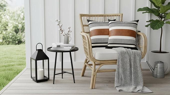 Pack of 2 Faux Leather and Cotton Patchwork Throw Pillow Covers for Sofa Couch Farmhouse Decorative Square Cushion Cover Boho Stripe Accent Pillow Case 20 x 20 Inch, Black