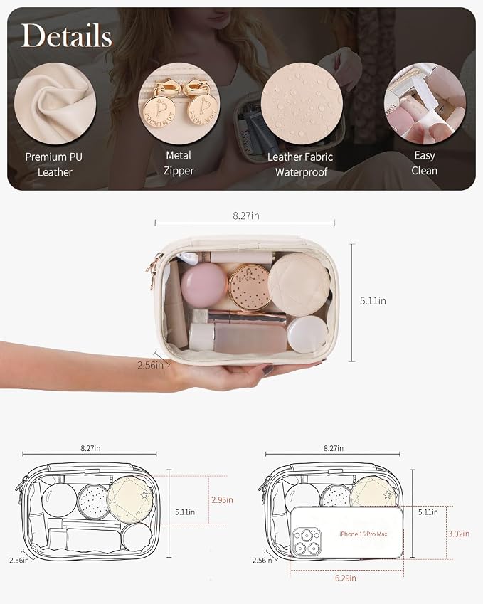 Pocmimut Makeup Bag,Small Makeup Bag TSA Approved Clear Toiletry Bag,Makeup Case Pouches Car Accessories Storage for Women,Travel Essentials Organizers,Beige