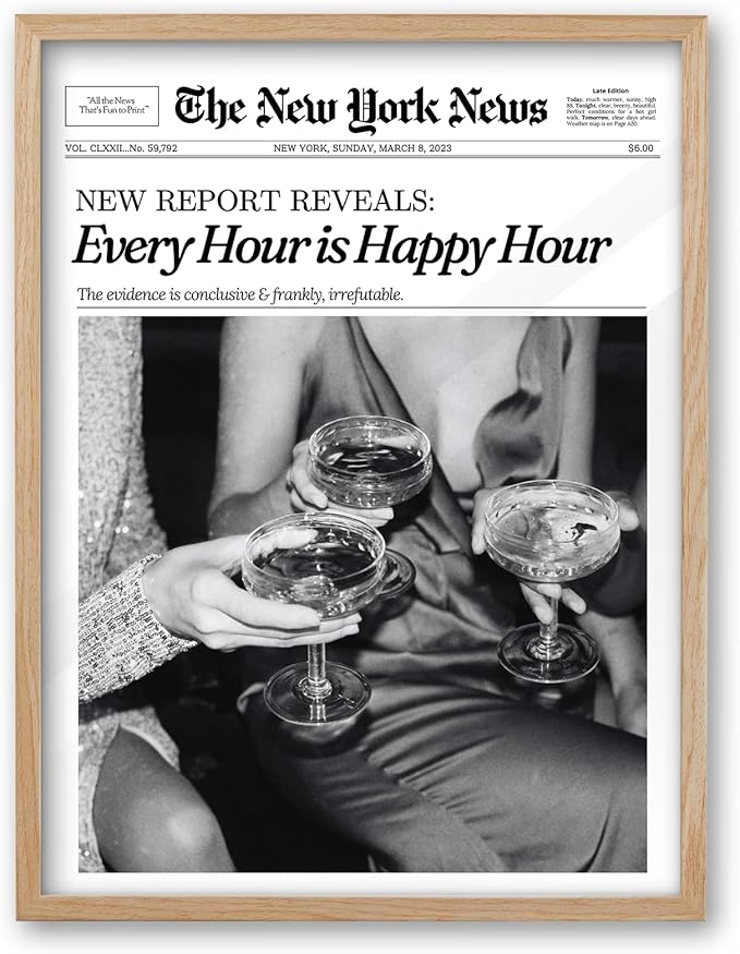 iHery Small 8x10in Every Hour Is Happy Hour Framed Wall Art | Natural OAK Wood Frame with Canvas Print, Retro Editorial Decor for Bedroom, Girl Dorm, Living Room and Gallery Wall, 1Pack