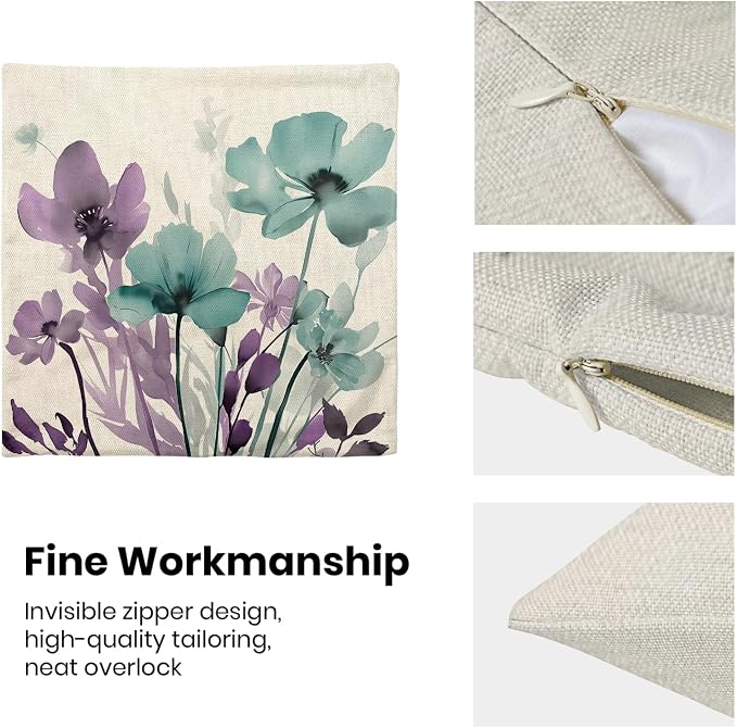 Spring Floral Pillow Covers 18x18 Inches Set of 2 Purple Teal Floral Throw Pillow Cover Outdoor Summer Flower Decoration Pillowcase Farmhouse Decorative Linen Cushion Cover For Home Couch Sofa