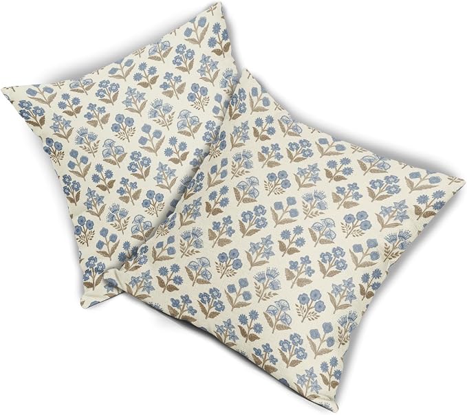 Brown Blue Floral Pillow Covers 22x22 Inch Set of 2, Vintage Flower Block Pattern Decorative Throw Pillowcases Outdoor Farmhouse Cushion Covers Spring Summer Rustic Sofa Couch Bed Decor