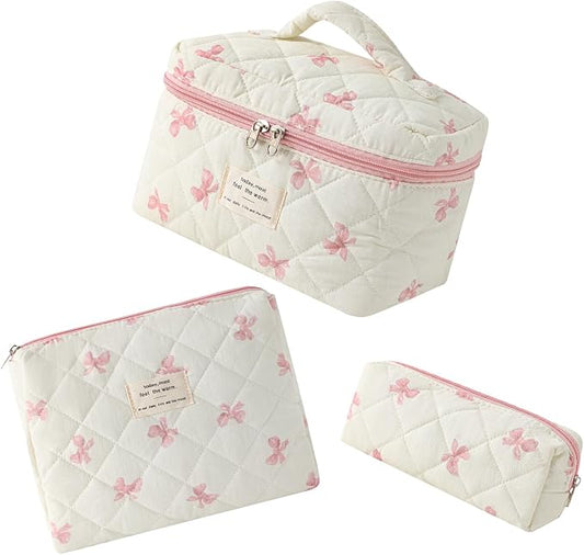 uekeboag Large Travel Quilted Makeup Bag for Women, Floral Cotton Cosmetic Bag, Coquette Aesthetic Floral Toiletry Organizer Bag