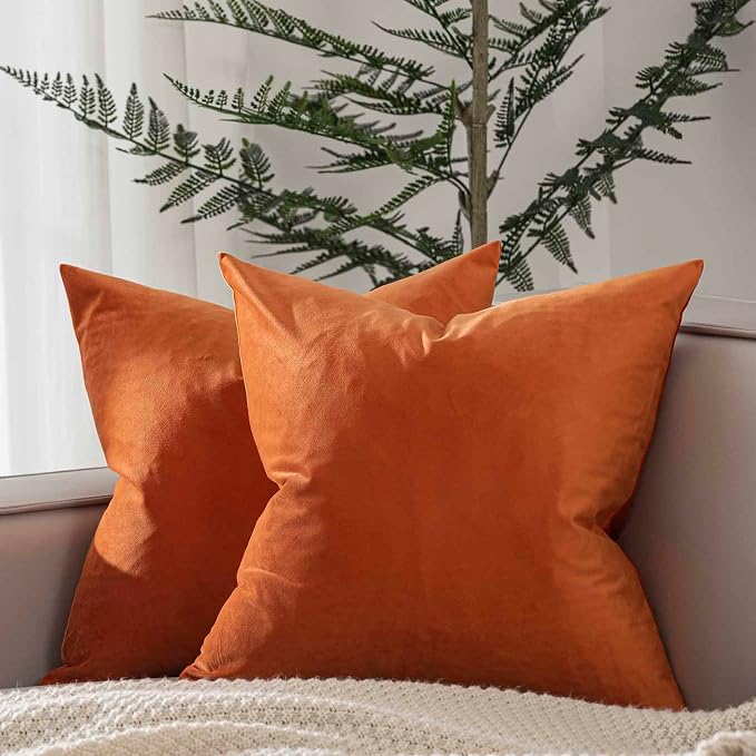 18x18 Velvet Throw Pillow Covers Set of 2 for Couch Bed Sofa,Burnt Orange | Decorative Soft Cushion Covers with Invisible Zipper for Modern Living Room Bedroom Home Decor