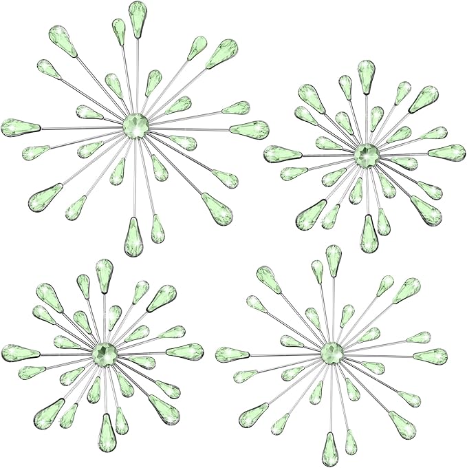 Hicarer 4 Pcs Starburst Wall Decor Bling Wall Art Crystal Teardrop 3D Hanging Rhinestone Radial Metal Artwork Modern Accent Sculptures Decorations for Living Room Home Office Bedroom(Green)