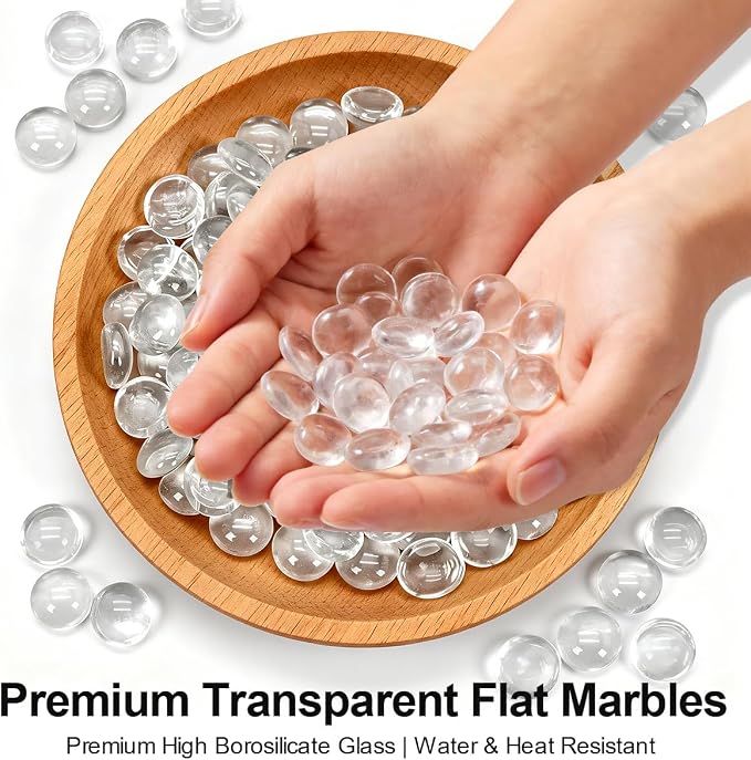 Mini Glass Gems Flat Bottom Marble Beads for Vase Aquarium Fish Tank | Mixed Color Flat Marble Beads Decorative Vase Filler For Planter Crafts Home Art Decor (Transparent, 1 Pound)
