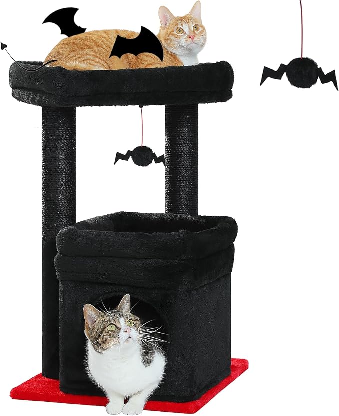PEQULTI Indoor Cat Tree Tower Small Cats, Sisal Post & Cozy Condo, Black | Private soft cat condo, soft top perch, natural sisal scratch posts, plush pom-pom toy for indoor kitties