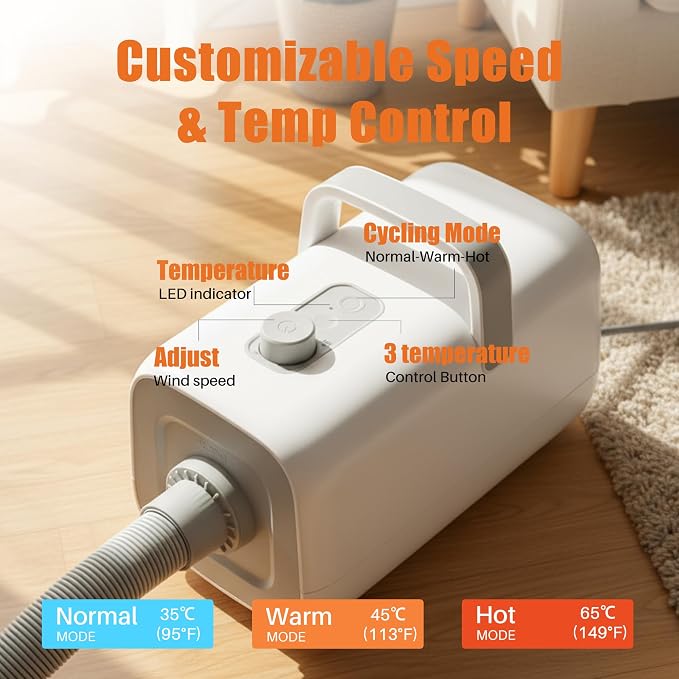 NEWBULIG Dog Hair Dryer with Heater for Grooming, Temperature Adjustable | 1550W High Velocity Speed Pet Blow Dryer with 4 Nozzles, White
