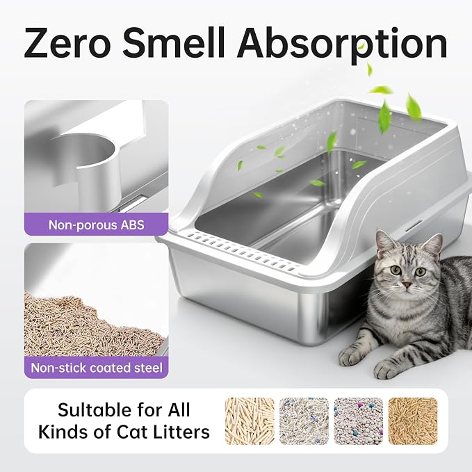 High-Sided Stainless Steel XL Cat Litter Box for Cats | High-sided design prevents urine leakage. Non-stick and easy to clean. Includes scoop (Gray)