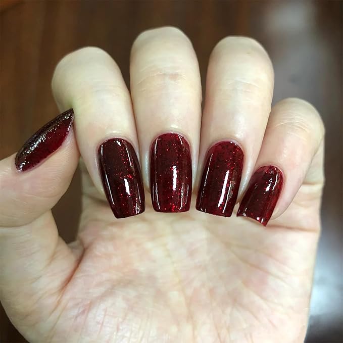 COSMOO 12ml Red Glitter Nail Polish, Burgundy Glitter Quick Dry Nail Lacquer, Wine Nail Art Varnish