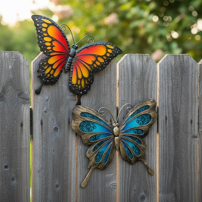 LIFFY Metal Butterfly Wall Decor,2Pack 12" Hanging Glass Butterfly Outdoor Decor,Garden Decorative Ornaments Outside for Home,Yard,Fence,Patio