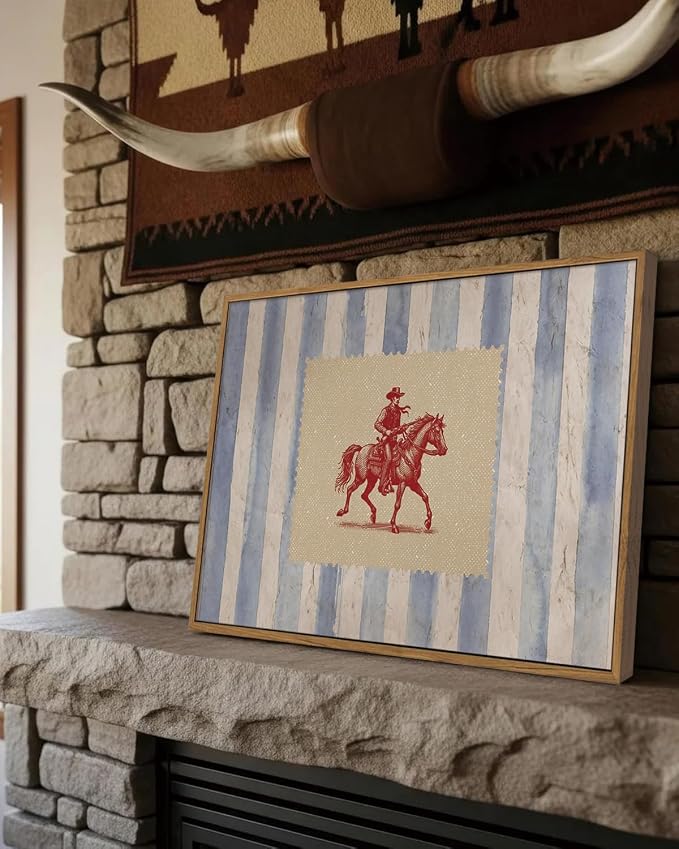 ZZLWBKGL Western Wall Decor Cowboy Canvas Art Vintage Framed Wall Art | Country West Stamp Artwork Mid Century Aesthetic for Living Room Bedroom 12x16in