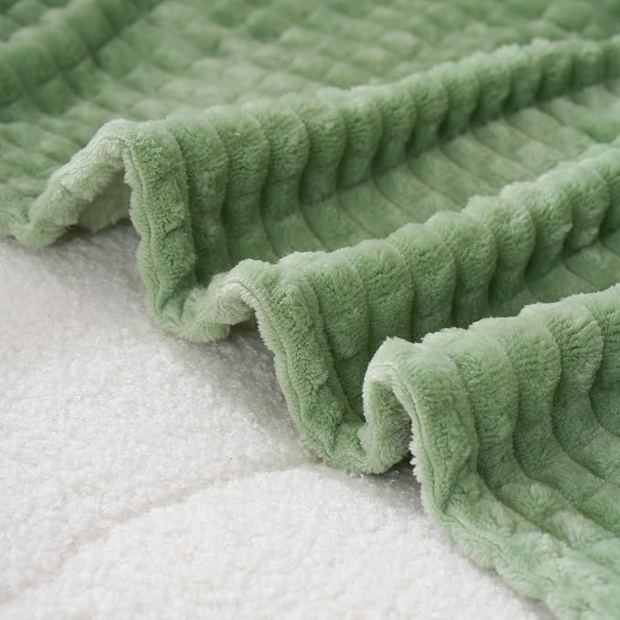 Puncuntex Fleece Throw Blanket Sage Green 50"×60" with Square Grid Design | Super Soft Plush Cozy Flannel Throw Blanket Luxury for Couch Sofa Chair