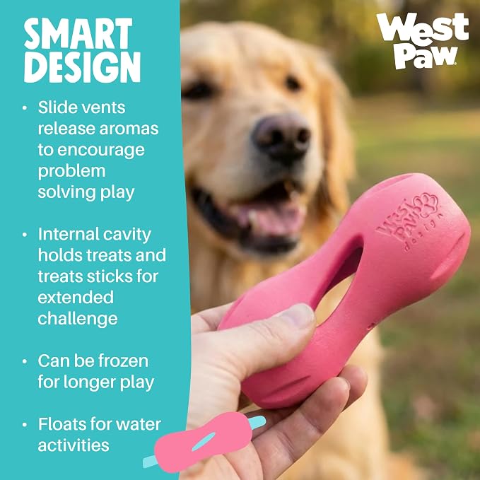 WEST PAW Qwizl Durable Zogoflex Dog Puzzle Toy for Mental Stimulation, and Enrichment - Treat Dispensing for Bully Sticks and Dental Sticks - Dishwasher Safe - Made in USA - Small - Geranium