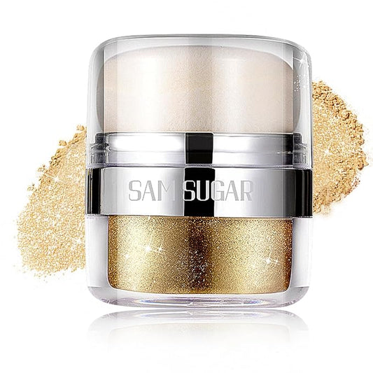 Body Shimmer Powder, Body Glitter Powder with Sponge Head, 3D Contour & Long Lasting Luminous, Glow Highlighter Makeup for Face, Eyes, Hair, Perfect for Daily, Party (Gold, 1.13 Oz)