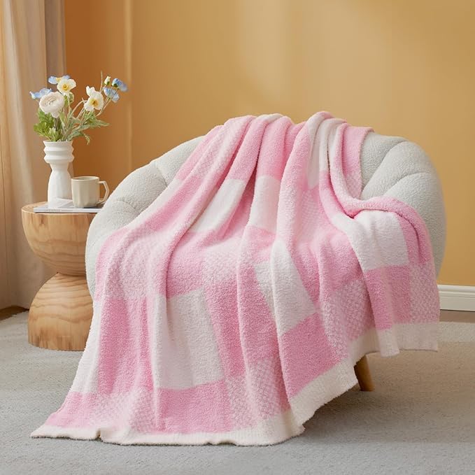 Snuggle Sac Checkered Blanket, Baby Pink Throw Blanket for Couch Plaid Microfiber Fluffy Warm Cozy Fuzzy Soft Throw Blanket Reversible Checkered Blankets for Sofa, Chair, Bed, 50x60 inches
