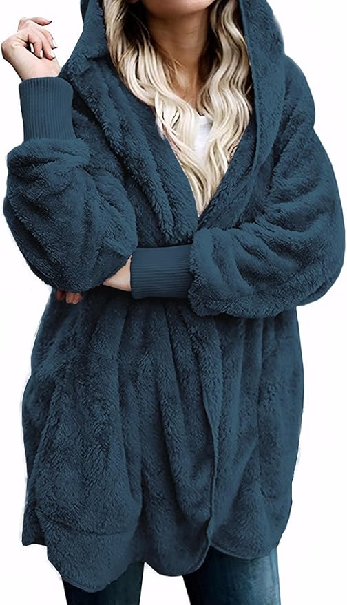 Zilcremo Women Hooded Cardigan Fuzzy Jacket Winter Open Front Fleece Coat Outwear with Pockets