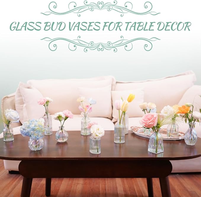 Bud Vases Set of 12, Iridescent Glass Vase for Decor Centerpieces | Small Vases for Flowers, Clear Irised Flower Vase Ribbed Modern Bud Vases Colorful Vases for Wedding Party Table Decoration