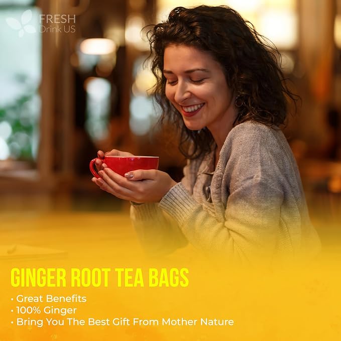 FreshDrinkUS, 120 Ginger Tea Bags, 100% Natural & Pure. Ginger Herbal Tea. No Sugar, No Caffeine, No Gluten, Vegan.