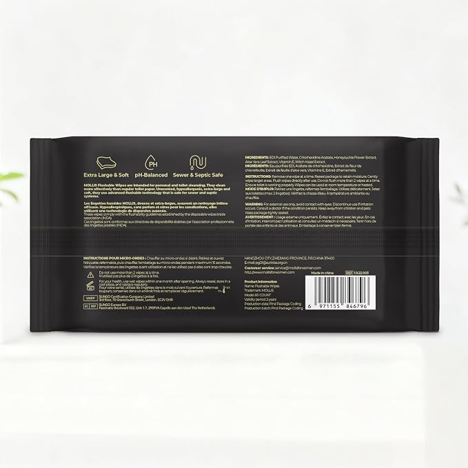 MOLLIS Flushable Wipes for Adults, Extra Large Unscented Wet Wipes with Witch Hazel & Vitamin E, Gentle for Sensitive Skin, 100% Plant-Based, Sewer & Septic Safe, 360 Count (6 Packs of 60)