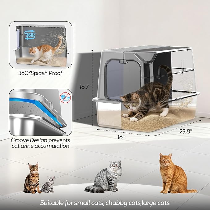 XL Stainless Steel Litter Box with Lid, Enclosed Cat Litter Box,Front Entry | XL for Big Cats, High Sides Enclosed Design, Anti-Urine Leakage, Non-Stick Odor-Free, Easy Clean, Reduce Litter Tracking