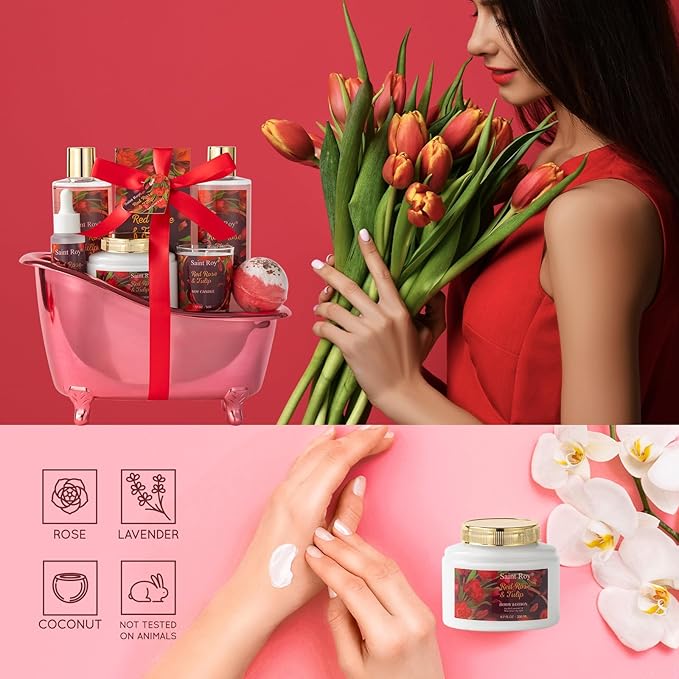 Mother's Day Gifts for Women, spa kit Gifts for Her Mother's Day Bath Spa Gift Set Red Rose & Tulip Spa Basket Kits for Women, Contains Body Oil, Body Lotion, Salt, Self care baskets Mother Gift