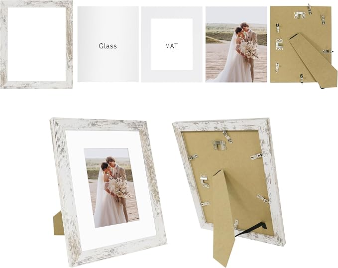 Hongkee 8x10 Picture Frame Set of 4, Made of Real Glass and Distressed White Wooden Frame, 8 by 10 Photo for Wall or Tabletop - Display Picture 5x7 with Mat or 8x10 Without Mat (Pack of 2)