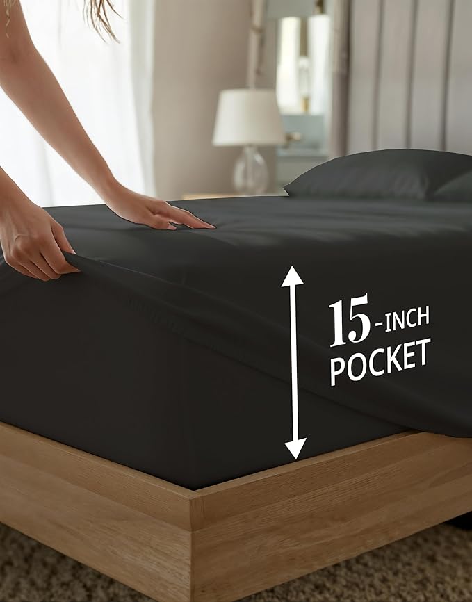 LANE LINEN 100% Egyptian Cotton Extra Long Twin Sheets - 1000 Thread Count, Long Staple Mercerized Cotton No Pill Fade Resistant Silky Sateen Weave for Soft & Comfy Good Night Sleep- Black