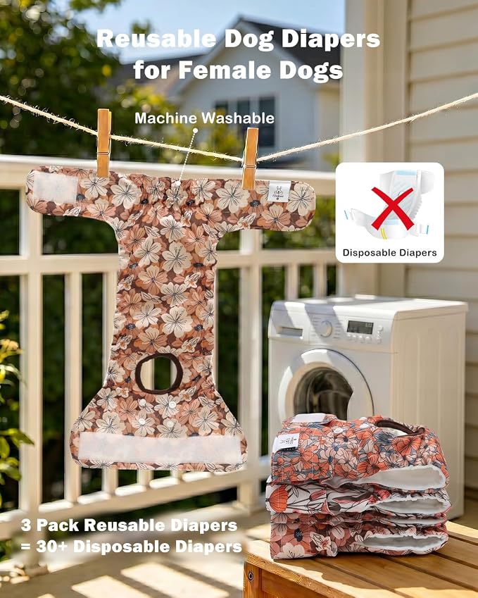 CuteBone Dog Diapers Female Washable Small Medium Large 3 Pack Reusable Doggie Diapers Puppy Period Pants for Doggy Heat Cycle Peeing