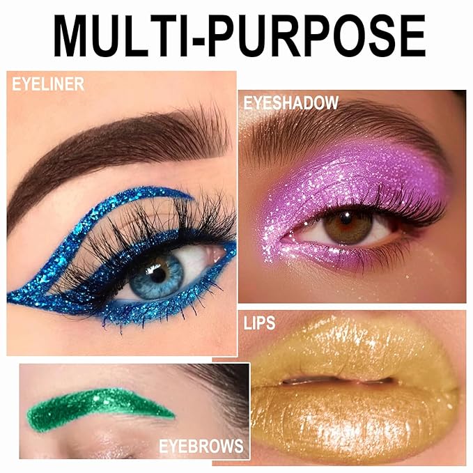 4Pcs Glitter Colored Liquid Eyeliner & Eyeshaow, Shimmer Liquid Eyeliner & Eyeshaow Makeup Set, Purple Blue Gold Green Face Body Glitter Makeup Sparkling Eye shaow Pen