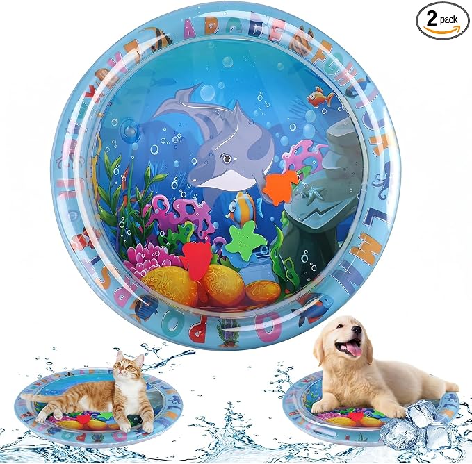 2 Pieces Upgraded Thickened Cat Water Mat,Water Sensory Play Mat with Fish | Interactive Cat Toy for Cats to Exercise,Hunting,Swatting,Aqua Anti-Scratch Leak Proof Foldable Play Mat with Fish for Pet