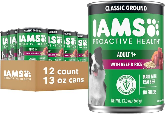 IAMS Proactive Health Ground Wet Dog Food, Beef & Rice, 13 oz, 12 Pack | Real beef, Omega-6 for skin & coat, no fillers or artificial flavors, 100% complete & balanced for adult maintenance