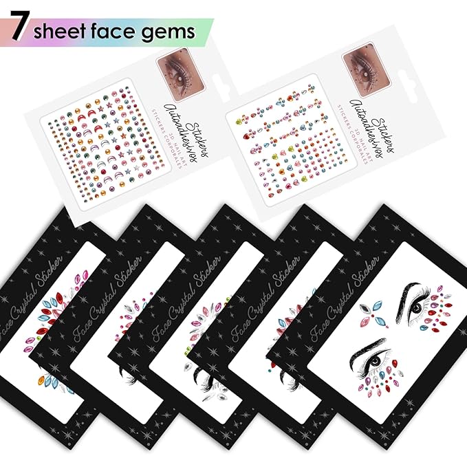 Erythem Face Gems for Women 7 Sheets Face Jewels Stick On Self Adhesive Rhinestones Stickers for Rave Carnival Music Festival Party