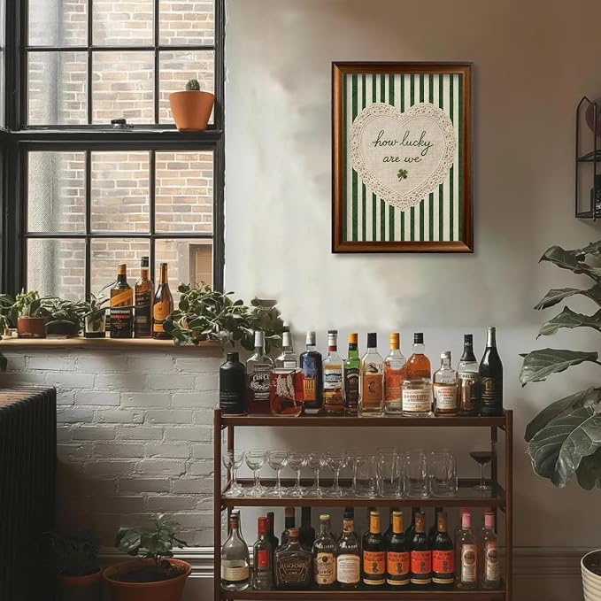 Framed How Lucky Are We Wall Art Vintage Inspirational Quotes Decor Print | Green Striped Lace Heart Aesthetic Painting Poster Trendy Preppy Canvas Picture for Bedroom Collage Ready to Hang 16inx24in