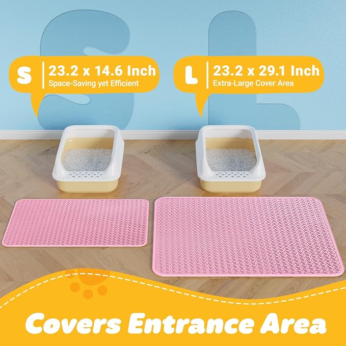 Powools Cat Litter Mat, 23.2 x 14.6 in, Waterproof, Non-Slip, Pink | Litter Trapping Mat, Easy to Clean, Litter Box Mat, Urine-Proof, Cat Toilet Training Systems Accessories, Indoor Cats