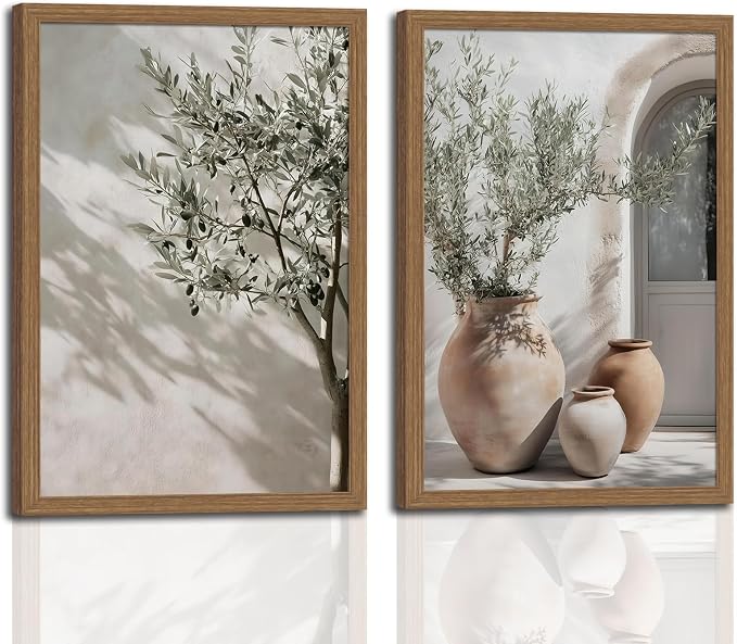Mediterranean Wall Art Set of 2, Olive Tree & Pottery Framed Prints | Neutral Botanical Mediterranean Painting, Framed Picture Wall Decor for Living Room Bedroom Office 16x24 Inch
