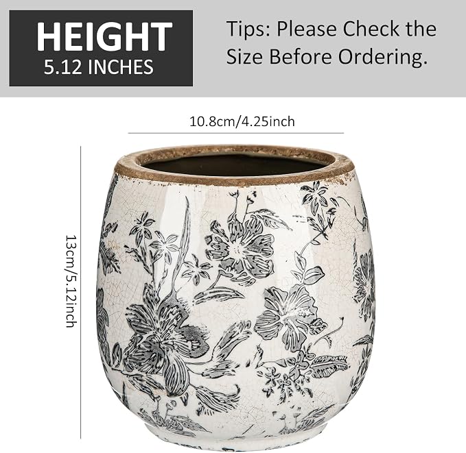 SiliFine Vintage Ceramic Flower Pot with Ice Crackle Rustic Planter with Drainage Holes for Indoor and Outdoor Decor Home Living Room Garden Decor Gardening Gift (Rustic Grey Style)