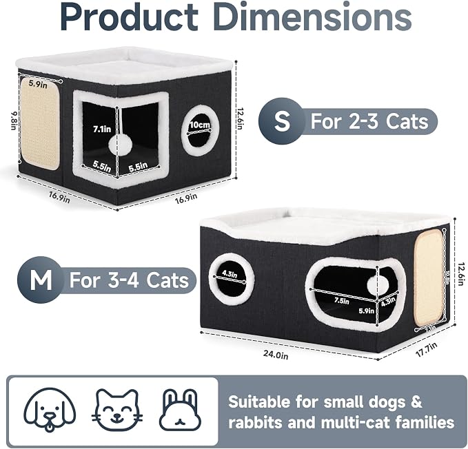 Shikha Extra Large Cat House Bed for Multi Cats with Scratch Pad Black | 24 x 17.7 x 12.6 IN Widen Cat Cave Cube for Multi Pets, Foldable, Arc-Edge Design, Oval Door, All Seasons Reversible Cushion