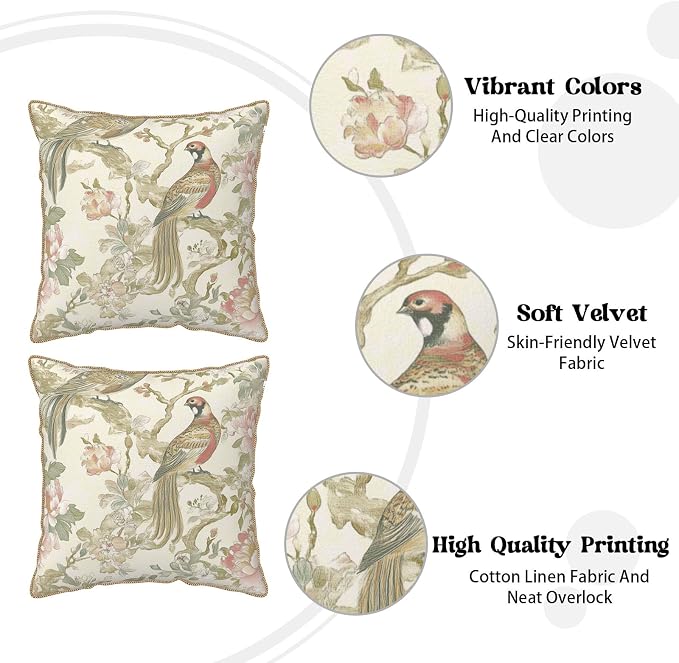 Vintage Bird Floral Soft Velvet Throw Pillow Covers Set of 2 Cream Chinoiserie Flowers Leaves Decorative Pillow Covers 20x20 Inch Retro Farmhouse Pillow Case With Gold Trim For Sofa Couch Home Decor