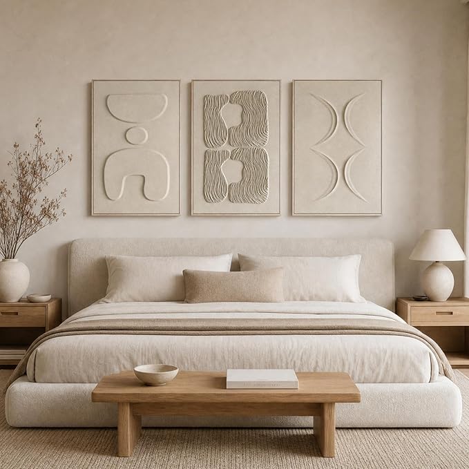 Thalasse Abstract Wall Art Large Framed 3D Sandstone 24x36 In | Wabi Sabi relief panels, solid wood frame, minimalist living room hallway entryway decor, 3 piece set