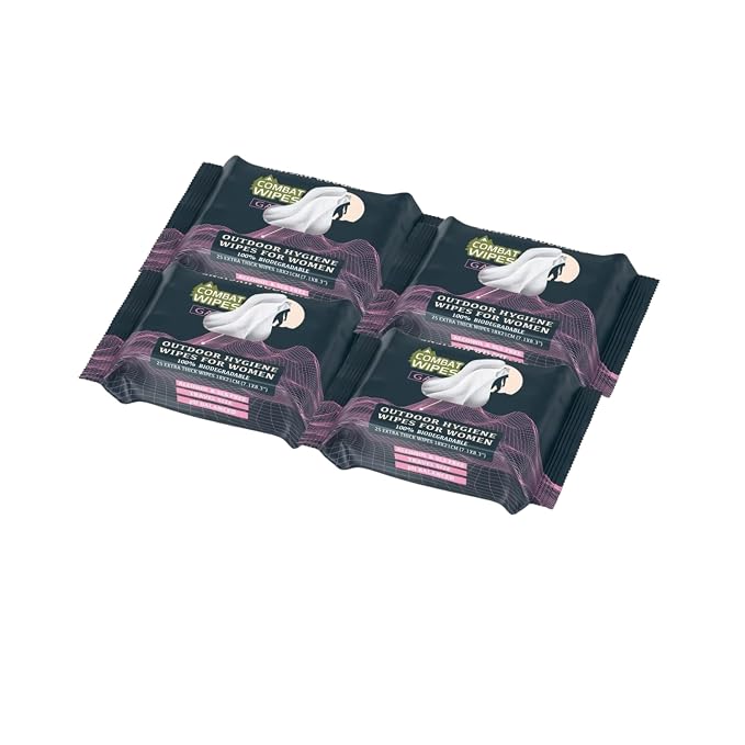 Combat Wipes Gaia - Feminine Hygiene Outdoor Wet Wipes - Extra Thick, Ultralight, Biodegradable, pH Balanced Cloths for Women (100 Count Pack of 4)