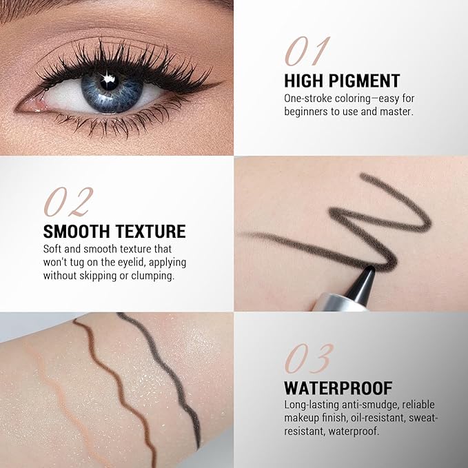 Noerrors 3pcs Black Brown Nude Beige Matte Gel Eyeliner Pencil Set, Waterproof Smudge Proof Smoky Waterline Eye Crayon for Winged Liner Goth Makeup, Cream delineador de ojos&Eyeshadow Stick for Women