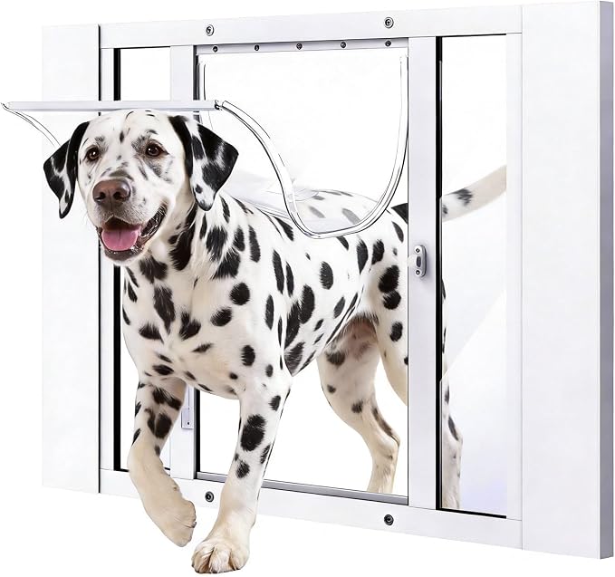 Dog Door for Window, Aluminum Frame Window Pet Door, Adjustable to Fit 27"-32" Width Sliding Windows, Magnetic Closure, Fits Dogs up to 200lb, Extra Large