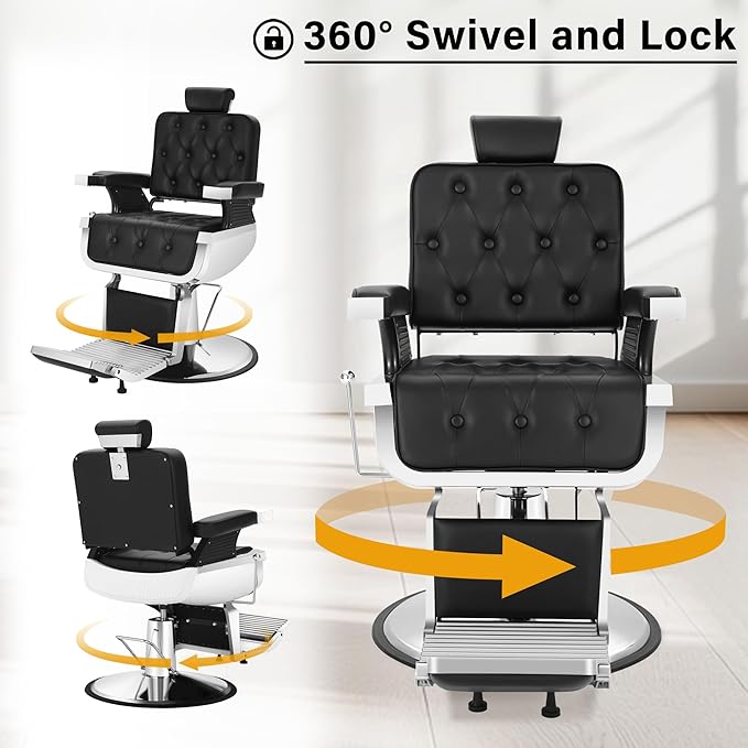 Heavy Duty Barber Chairs for Barbershop, Vintage Reclining Barbershop Chair, 360° Swivel Professional All Purpose Salon Hair Stylist Beauty Spa Shampoo Home Equipment with Removable Headrest, Black