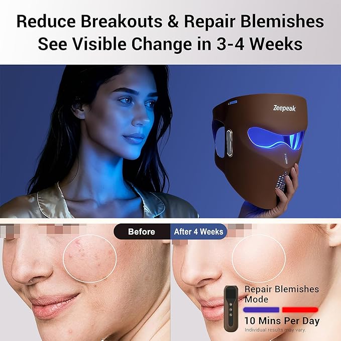 Zeepeak 3D LED Red Light Therapy Mask, FDA-Cleared, Anti-Aging & Blemish Repair, 5 Modes Red, Blue, Yellow & 1072nm Near-Infrared Lights, Eye-Protection, Portable 360 LEDs Face Mask for Home Travel