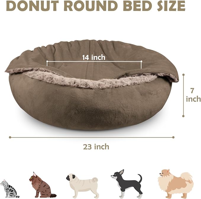 JOEJOY Small Dog Bed Cat Bed with Hooded Blanket, Cozy Cuddler Luxury Puppy Pet Bed, Donut Round Calming Anti-Anxiety Dog Burrow Cave Bed - Anti-Slip Bottom and Machine Washable 23 inch