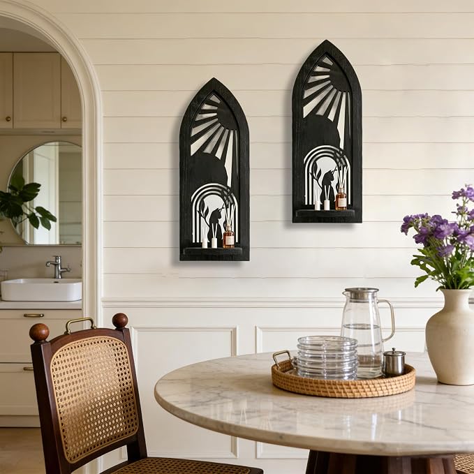 ZEXUIRU 2 Set Rustic Candle Sconces Living Room Bedroom Entryway Wood Mirrored, Farmhouse, Carved Frame Wall-Mount Wooden Candle Holders Wall Decor Hanging Handmade Holder - Black